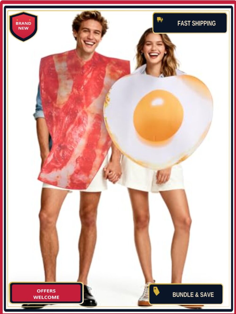 2PC Couples Halloween Costume Bacon Egg Bodysuit One Size Food Theme